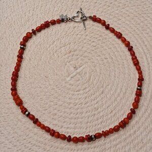 Vintage Peyote Bird Red Coral & Sterling Silver Bead Necklace - 16.5 inches